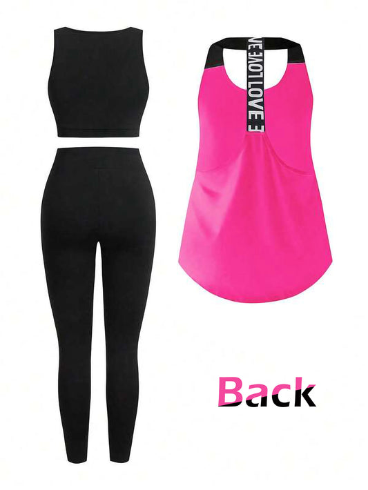 Hot Pink Women’s 3-Piece Activewear Set – Racerback Tank, Crop Top & High-Waist Leggings