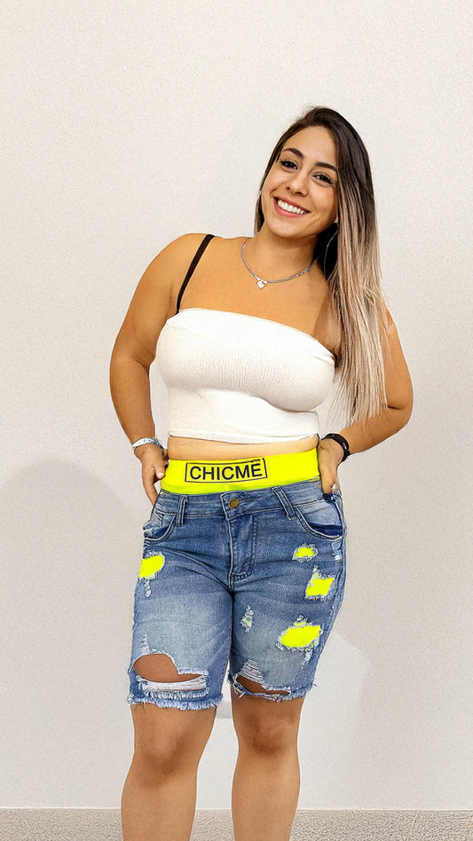 Yellow 2-Piece Ripped Denim Capri Shorts Set with Neon Spandex – Yellow, Pink, Purple – Summer Street Style