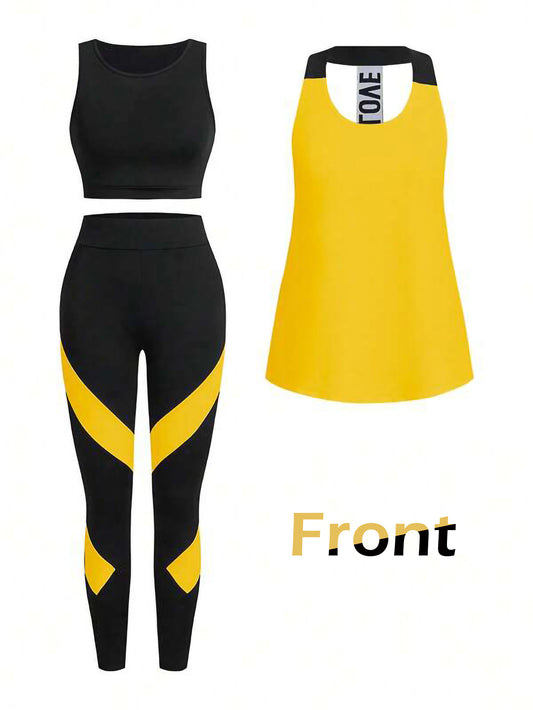 Yellow Women’s 3-Piece Activewear Set – Racerback Tank, Crop Top & High-Waist Leggings