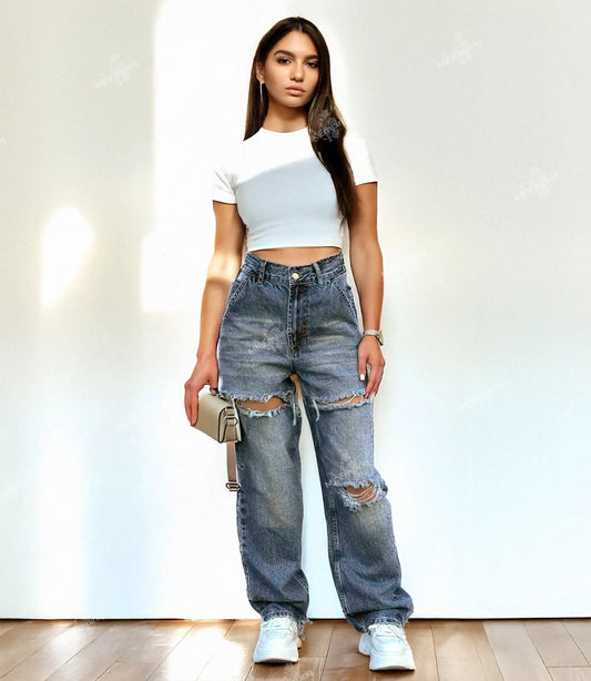 Blue Women's Baggy Ripped Straight-Leg Jeans – Mid Waist, Denim Streetwear
