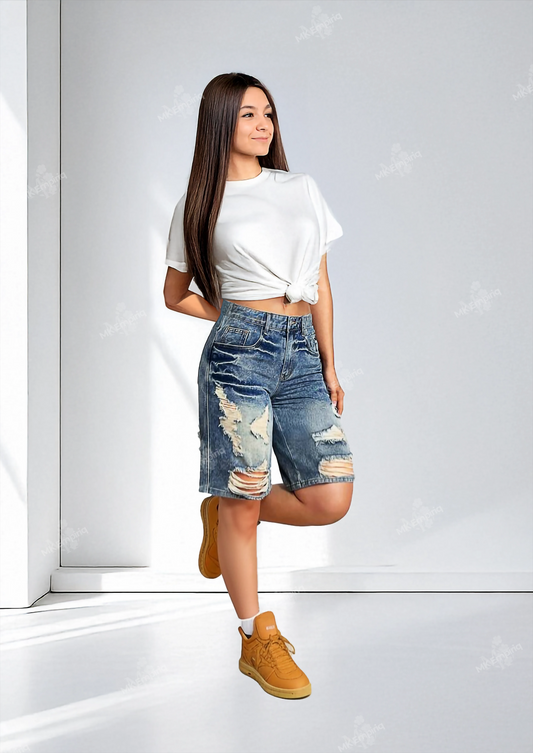 Blue Women’s Distressed Bermuda Denim Shorts – Low Waist, Casual Streetwear