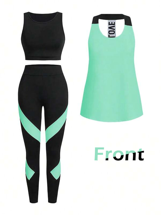 Sage Mist Women’s 3-Piece Activewear Set – Racerback Tank, Crop Top & High-Waist Leggings