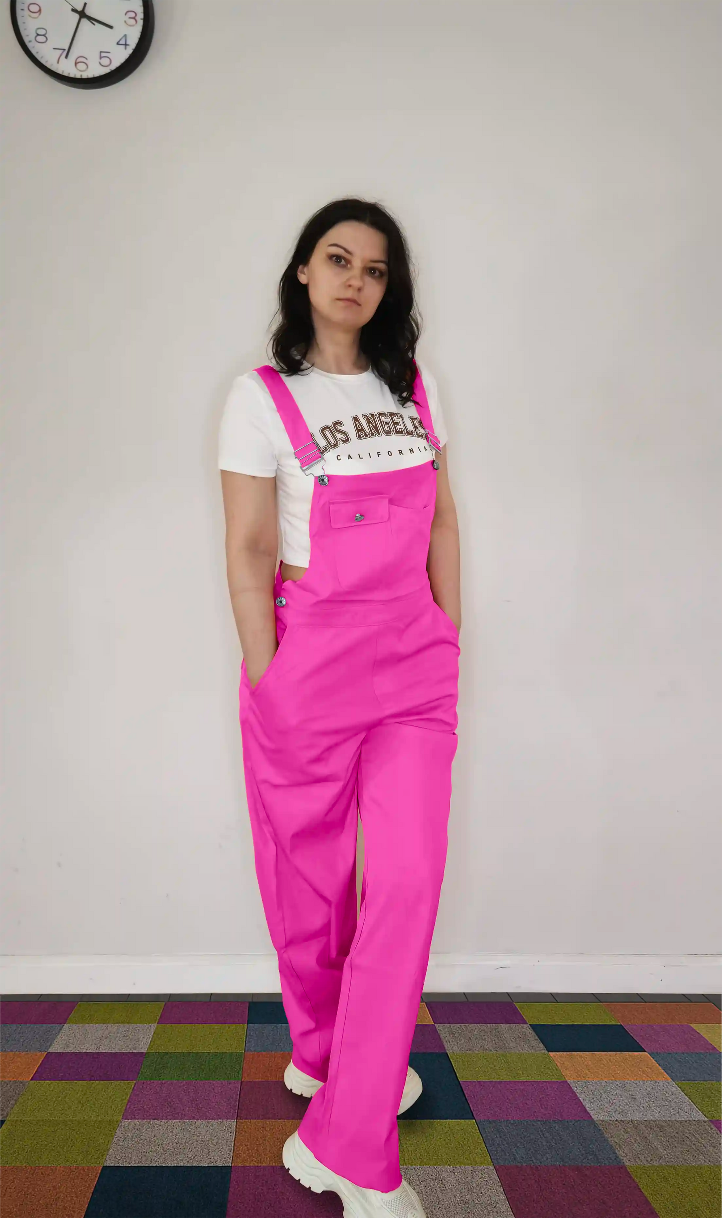 Hot Pink Women’s High-Waist Wide-Leg Overalls – Casual Street Style Suspender Jumpsuit