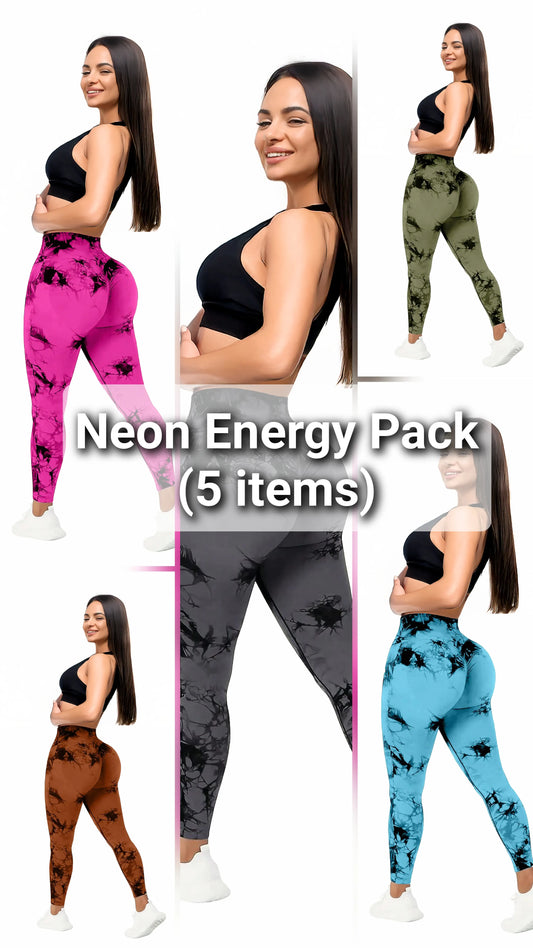 Neon Energy Pack of Women’s 5-Pack Tie-Dye High Waist Tummy Control Leggings