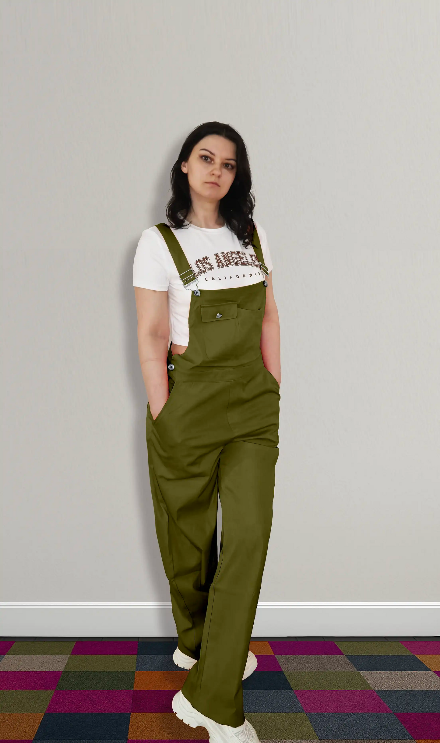 Army Olive Women’s High-Waist Wide-Leg Overalls – Casual Street Style Suspender Jumpsuit