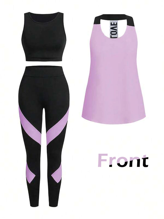 Light Purple Women’s 3-Piece Activewear Set – Racerback Tank, Crop Top & High-Waist Leggings