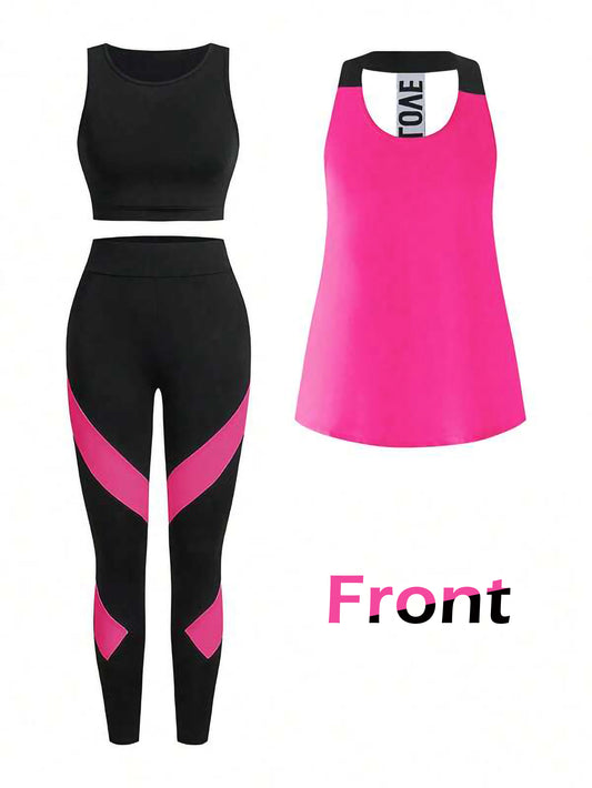 Hot Pink Women’s 3-Piece Activewear Set – Racerback Tank, Crop Top & High-Waist Leggings