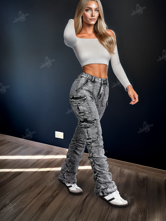Grey Petite Women’s Cargo Skinny Jeans – High Waist Ruched Streetwear Denim with Pockets