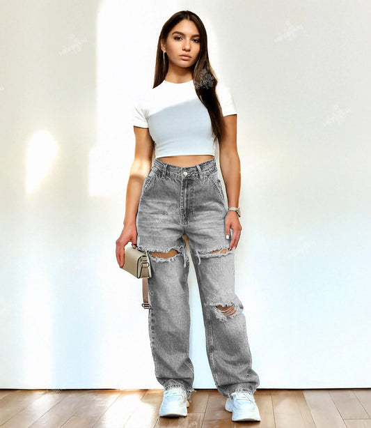 Grey Women's Baggy Ripped Straight-Leg Jeans – Mid Waist, Denim Streetwear