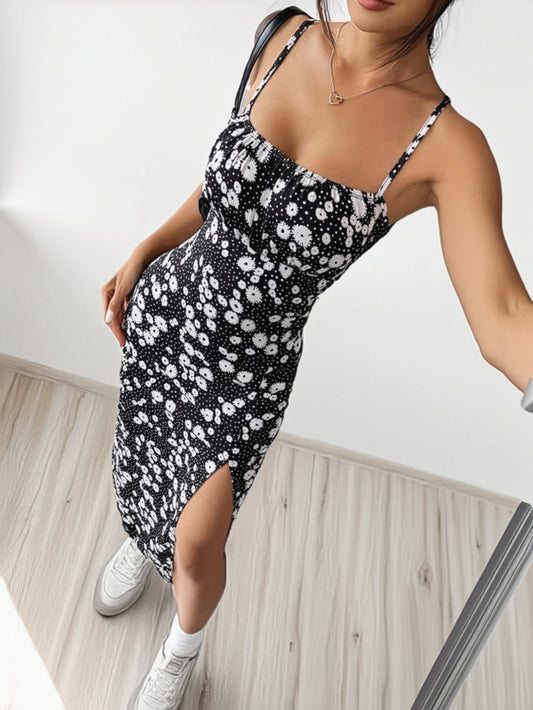 Black Floral Spaghetti Strap Slit Midi Dress