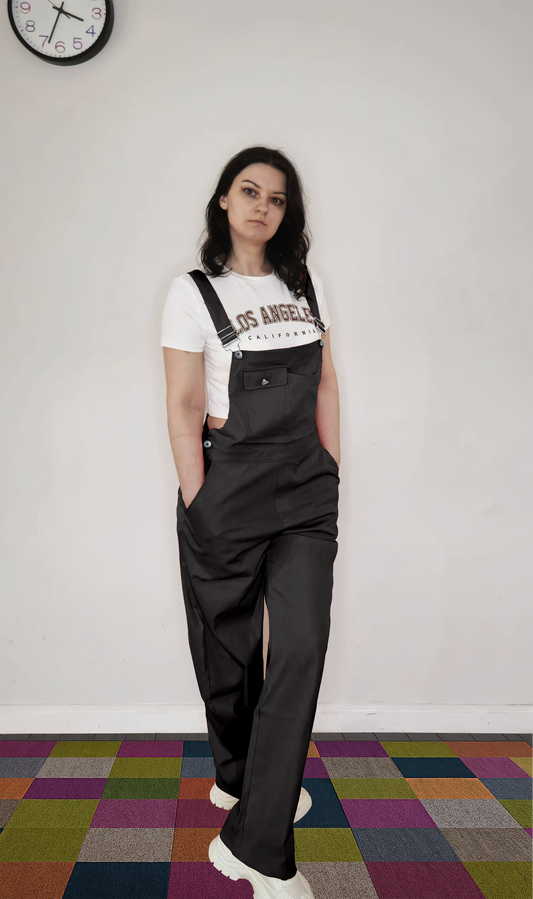 Black Women’s High-Waist Wide-Leg Overalls – Casual Street Style Suspender Jumpsuit