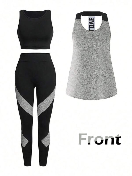 Grey Women’s 3-Piece Activewear Set – Racerback Tank, Crop Top & High-Waist Leggings