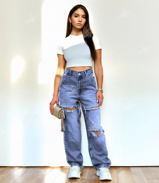 Light Blue Women's Baggy Ripped Straight-Leg Jeans – Mid Waist, Denim Streetwear