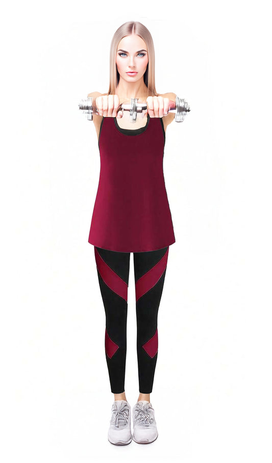 Burgundy Women’s 3-Piece Activewear Set – Racerback Tank, Crop Top & High-Waist Leggings