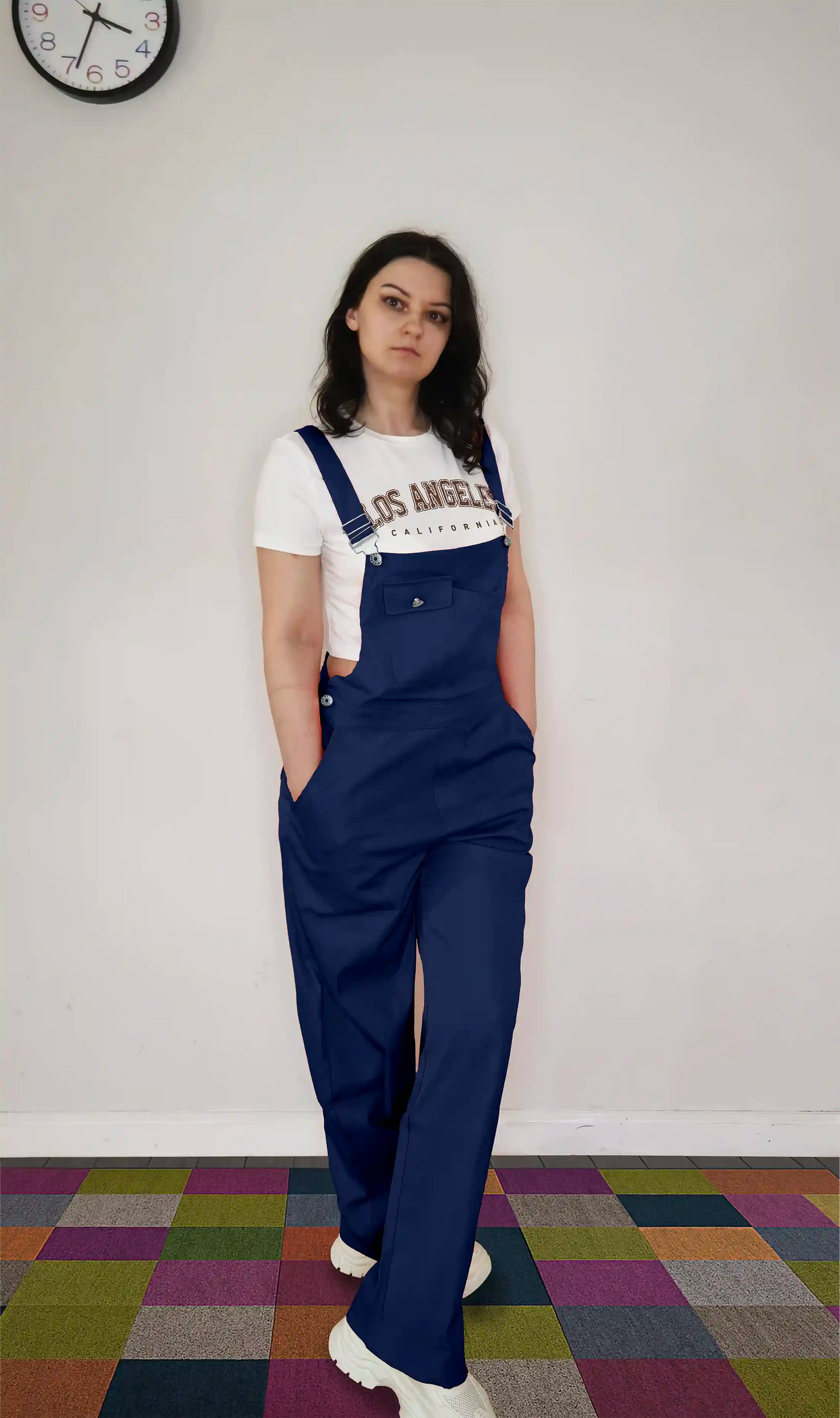 Navy Blue Women’s High-Waist Wide-Leg Overalls Jumpsuit
