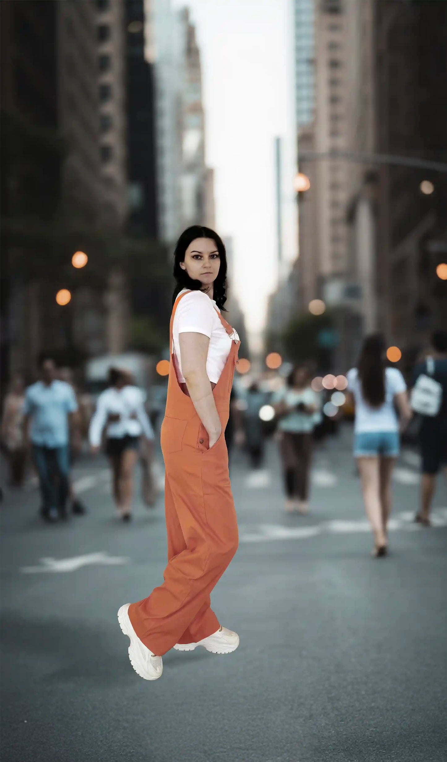 Orange Women’s High-Waist Wide-Leg Overalls – Casual Street Style Suspender Jumpsuit
