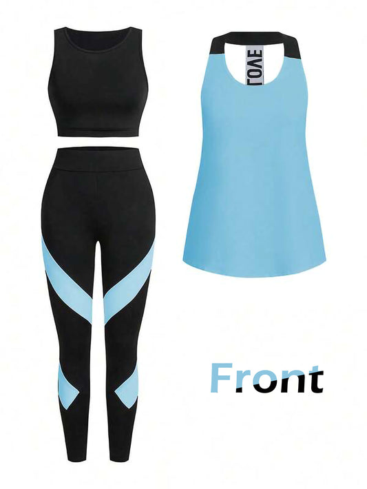 Light Blue Women’s 3-Piece Activewear Set – Racerback Tank, Crop Top & High-Waist Leggings