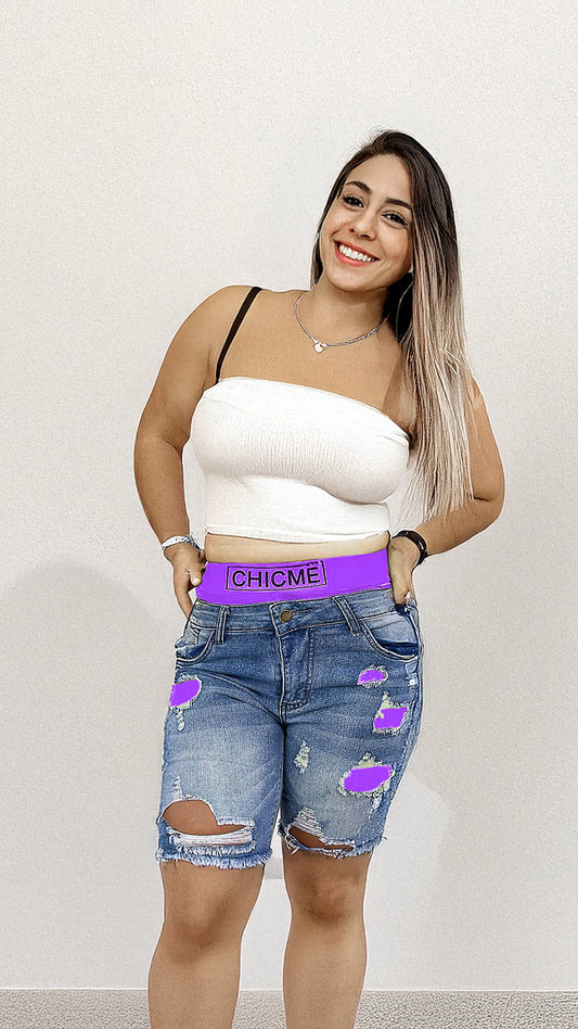 Purple 2-Piece Ripped Denim Capri Shorts Set with Neon Spandex – Yellow, Pink, Purple – Summer Street Style