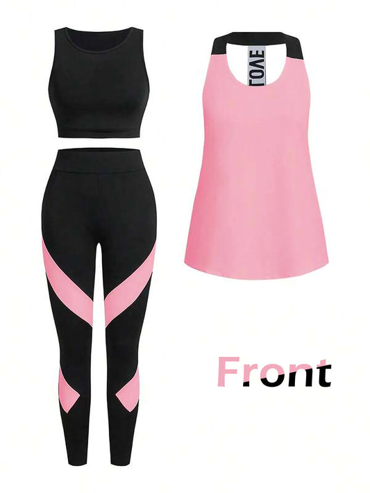 Light Pink Women’s 3-Piece Activewear Set – Racerback Tank, Crop Top & High-Waist Leggings