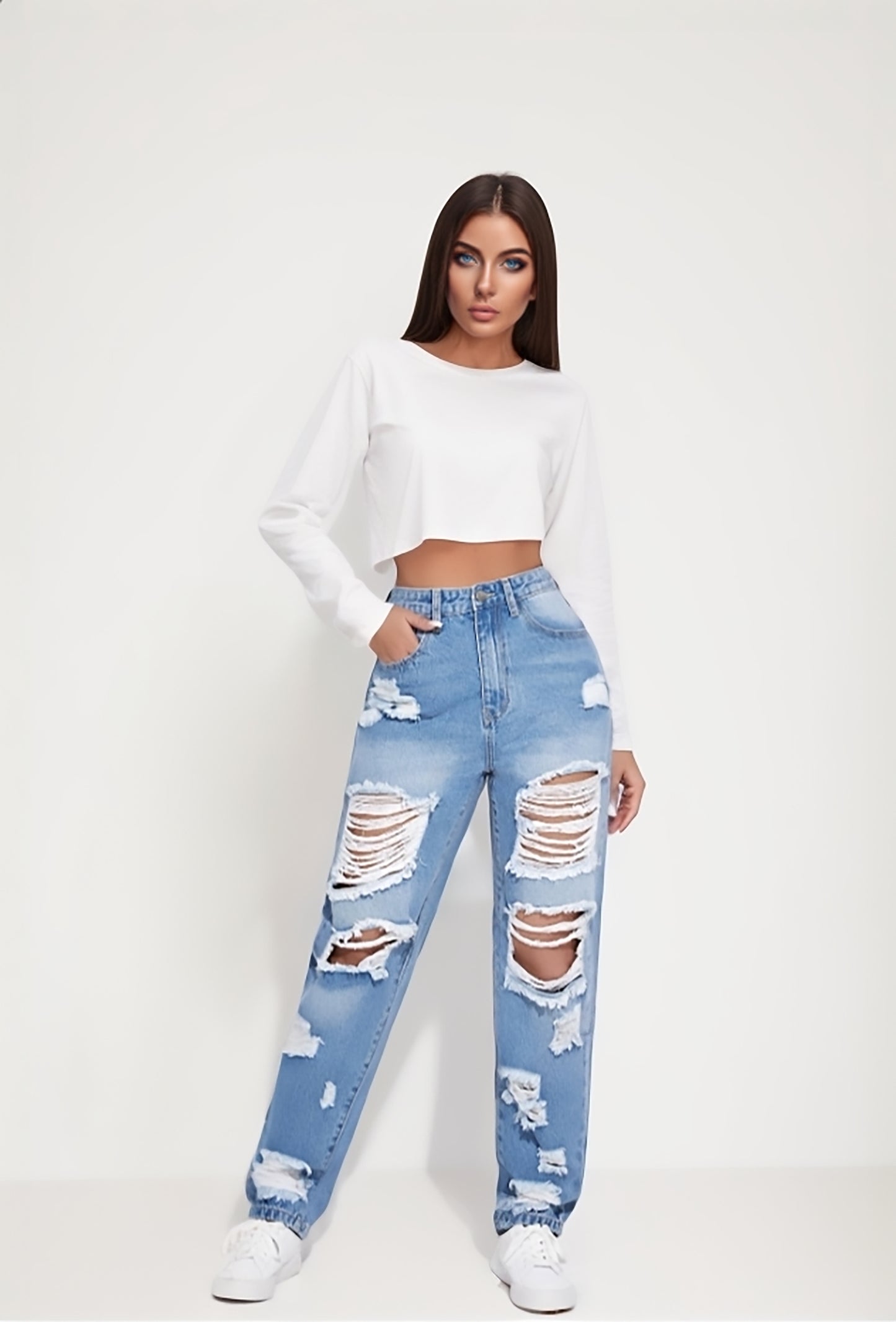 Light Blue High-Waisted Ripped Distressed Boyfriend Jeans for Women