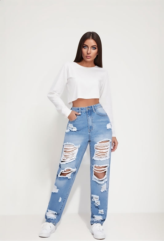 Light Blue High-Waisted Ripped Distressed Boyfriend Jeans for Women