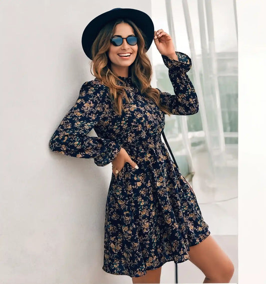Boho Flare Dress with Floral Print & Shirred Waist