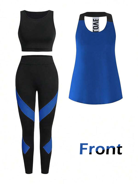 Blue Women’s 3-Piece Activewear Set – Racerback Tank, Crop Top & High-Waist Leggings