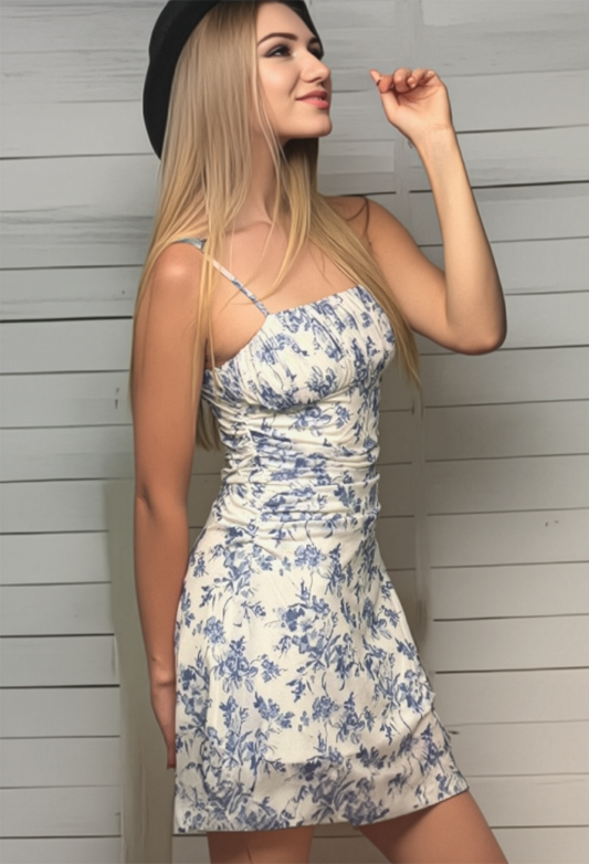 Blue & White Women’s Floral Mesh Halterneck Summer Vacation Dress