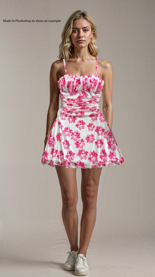Pink & White Women’s Floral Mesh Halterneck Summer Vacation Dress