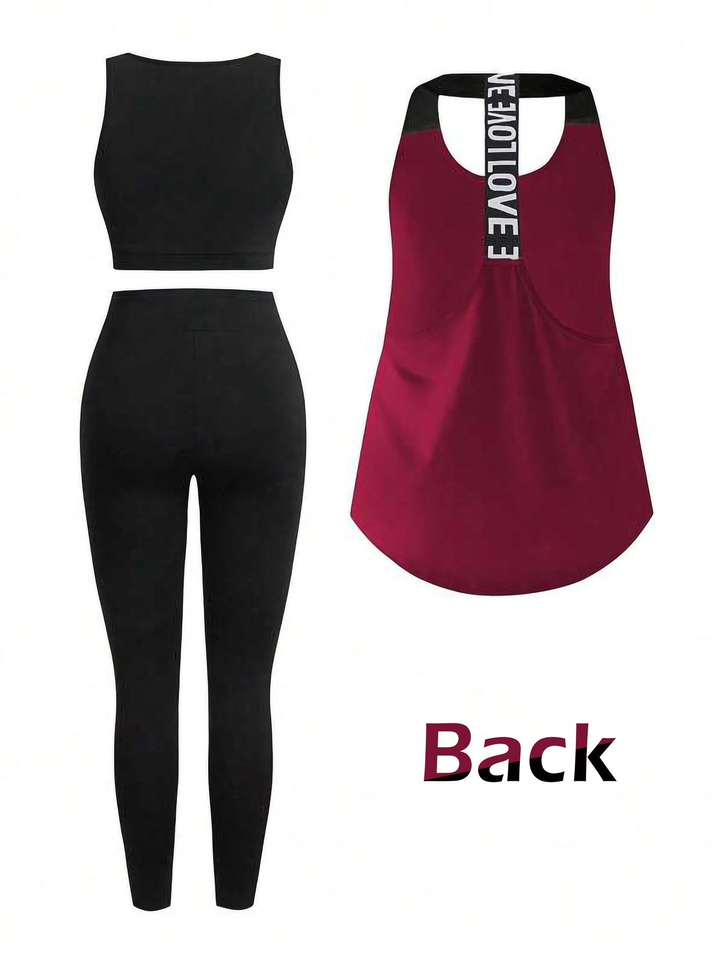 Burgundy Women’s 3-Piece Activewear Set – Racerback Tank, Crop Top & High-Waist Leggings