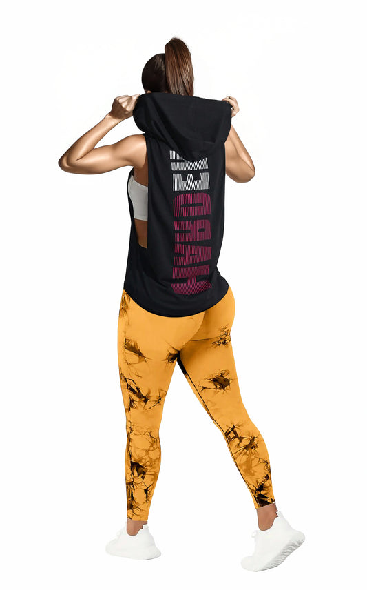 Black Women’s Sleeveless Workout Hoodie Tank with Print