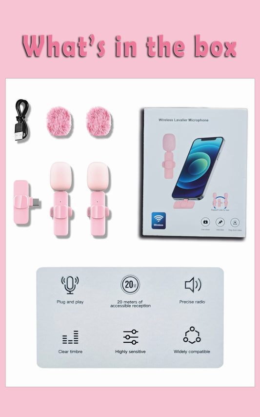Dual Wireless Lavalier Microphone Set for iPhone/iPad – Noise Cancelling Clip-on Mics with Lightning Receiver (Pink)