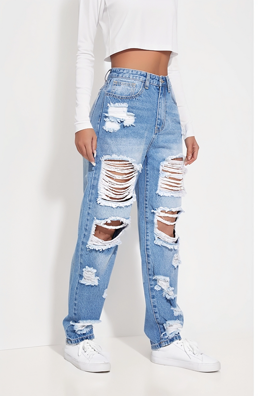 Light Blue High-Waisted Ripped Distressed Boyfriend Jeans for Women