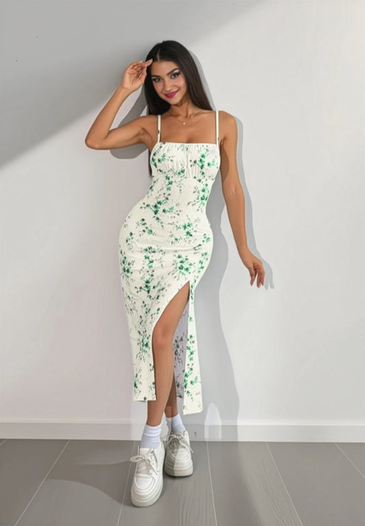 White & Green Floral Spaghetti Strap Slit Midi Dress