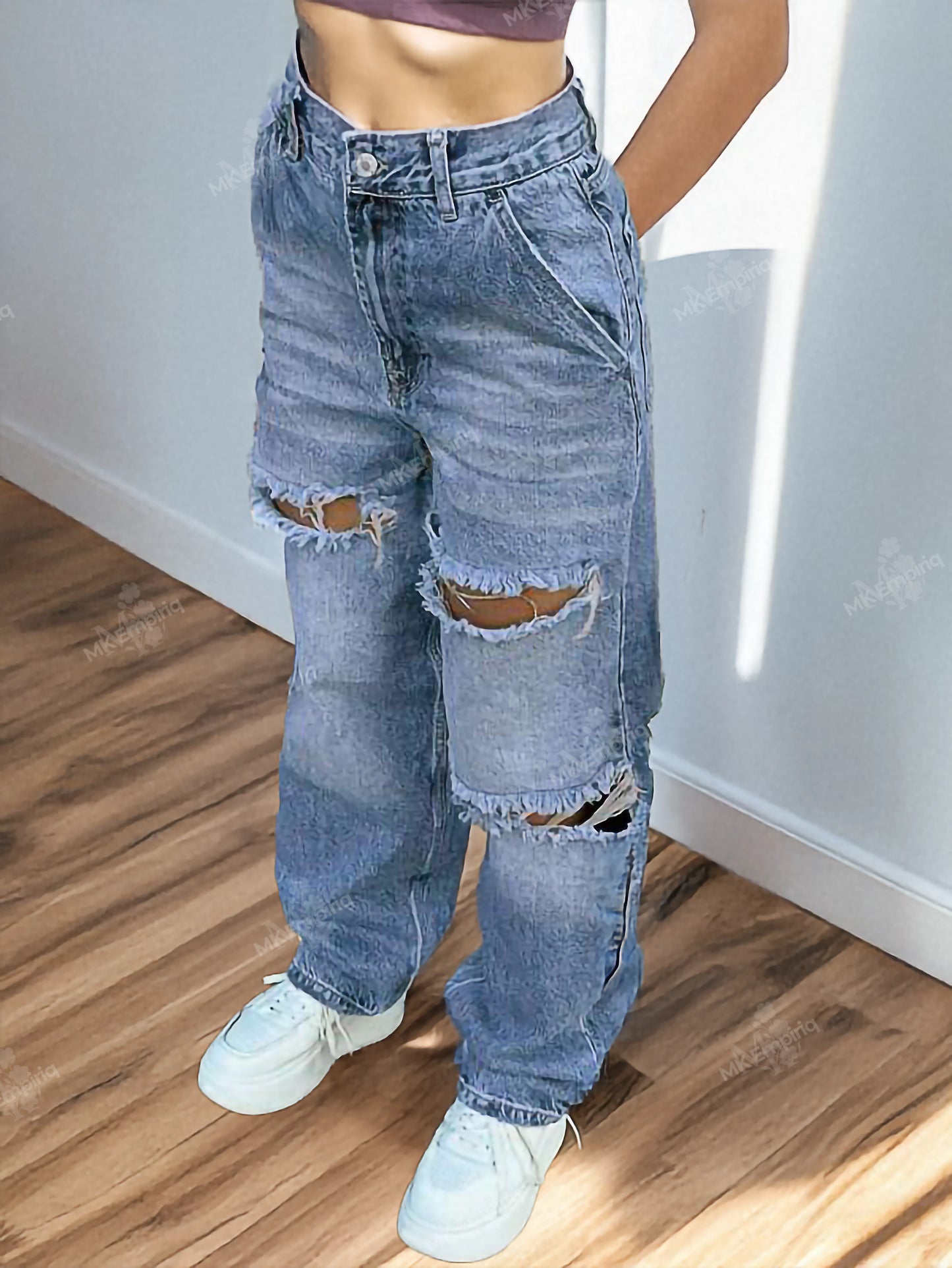 Light Blue Women's Baggy Ripped Straight-Leg Jeans – Mid Waist, Denim Streetwear
