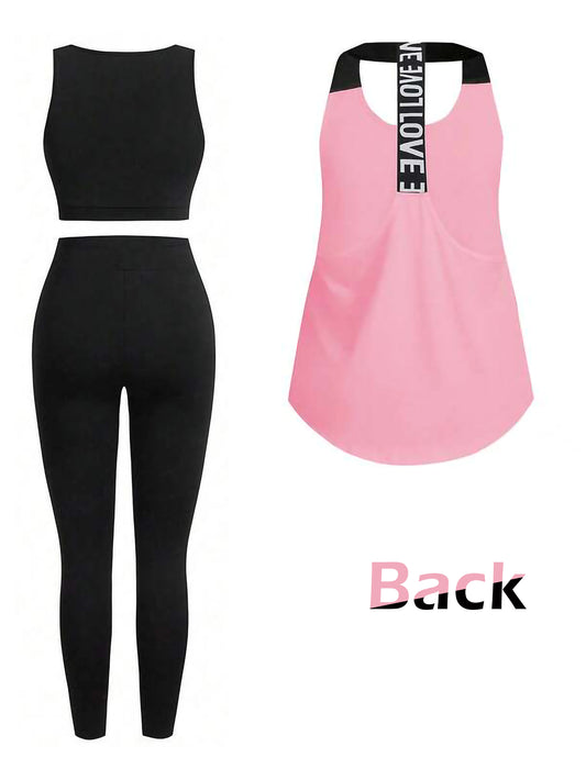 Light Pink Women’s 3-Piece Activewear Set – Racerback Tank, Crop Top & High-Waist Leggings