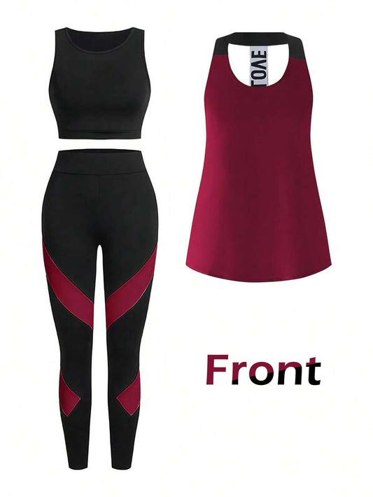 Burgundy Women’s 3-Piece Activewear Set – Racerback Tank, Crop Top & High-Waist Leggings