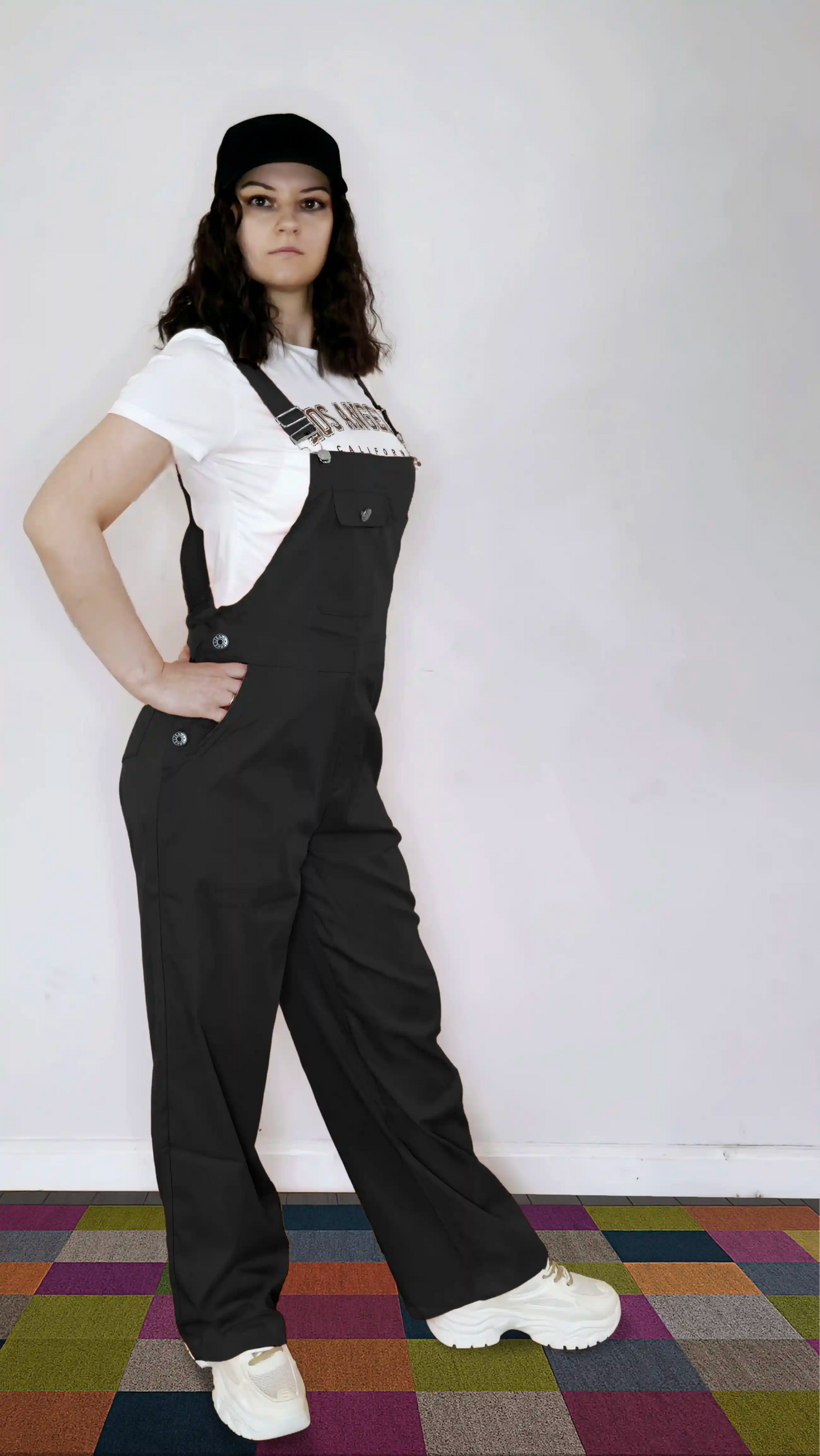 Black Women’s High-Waist Wide-Leg Overalls – Casual Street Style Suspender Jumpsuit