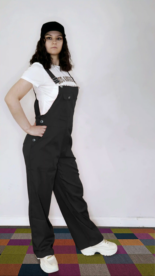Black Women’s High-Waist Wide-Leg Overalls – Casual Street Style Suspender Jumpsuit