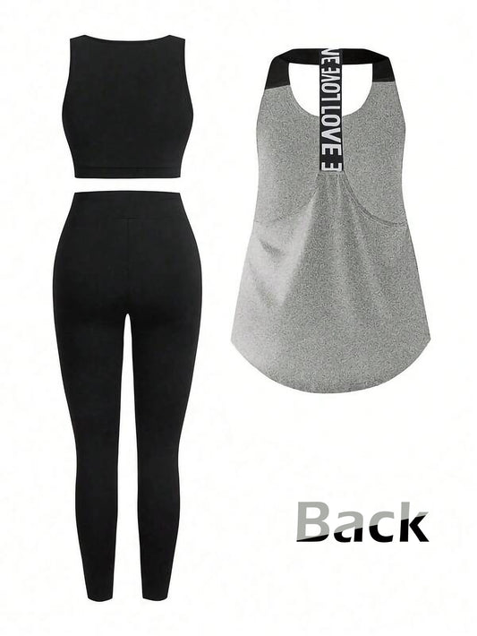 Grey Women’s 3-Piece Activewear Set – Racerback Tank, Crop Top & High-Waist Leggings