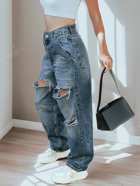 Blue Women's Baggy Ripped Straight-Leg Jeans – Mid Waist, Denim Streetwear