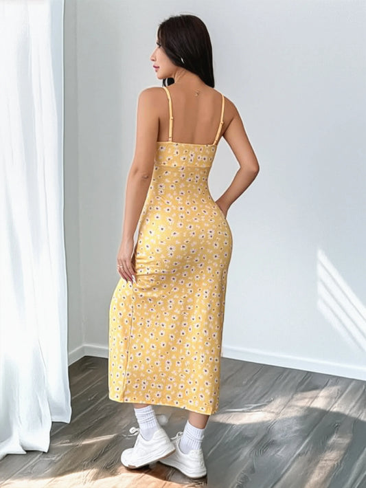 Yellow Floral Spaghetti Strap Slit Midi Dress