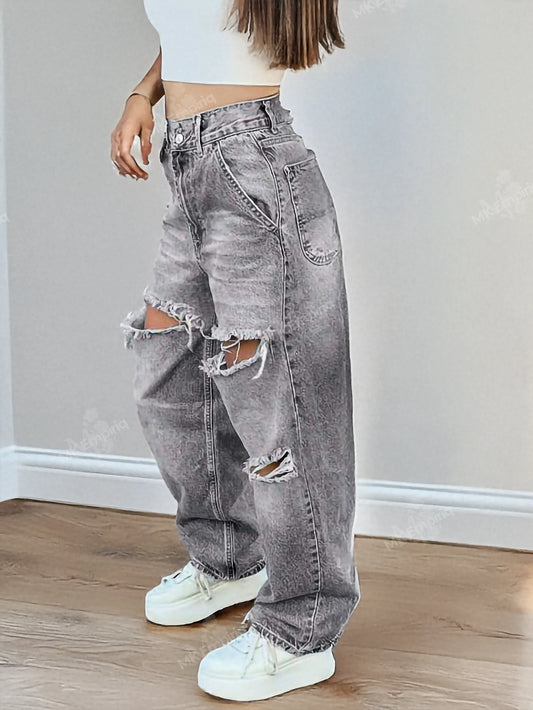 Grey Women's Baggy Ripped Straight-Leg Jeans – Mid Waist, Denim Streetwear