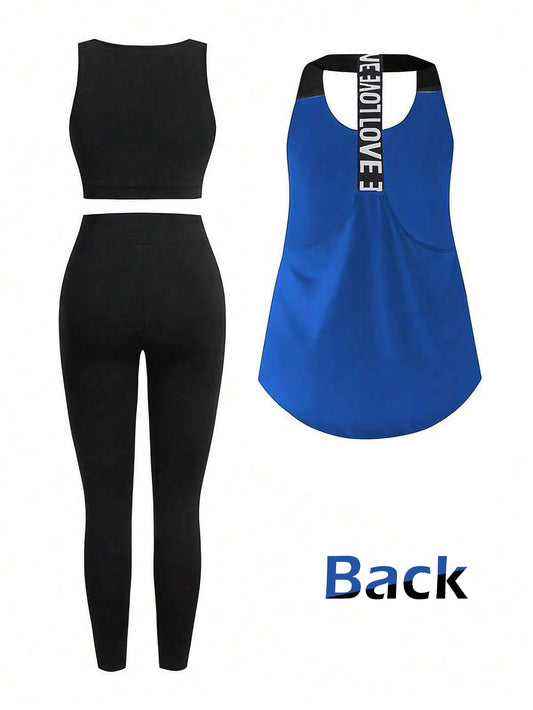 Blue Women’s 3-Piece Activewear Set – Racerback Tank, Crop Top & High-Waist Leggings