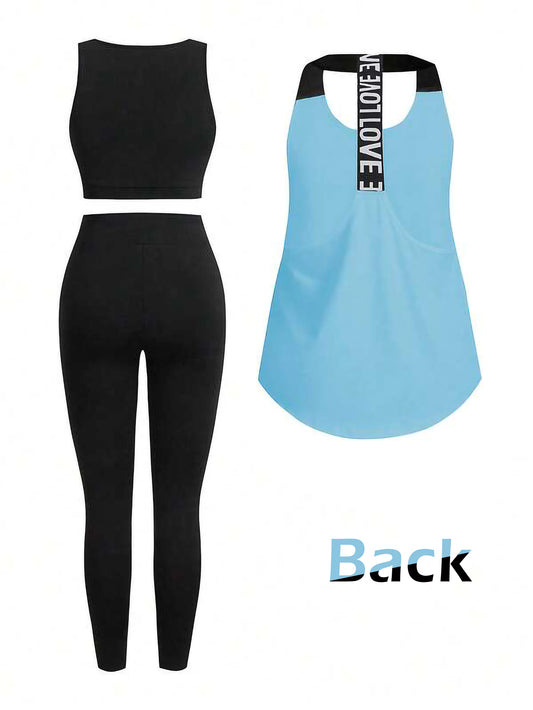 Light Blue Women’s 3-Piece Activewear Set – Racerback Tank, Crop Top & High-Waist Leggings