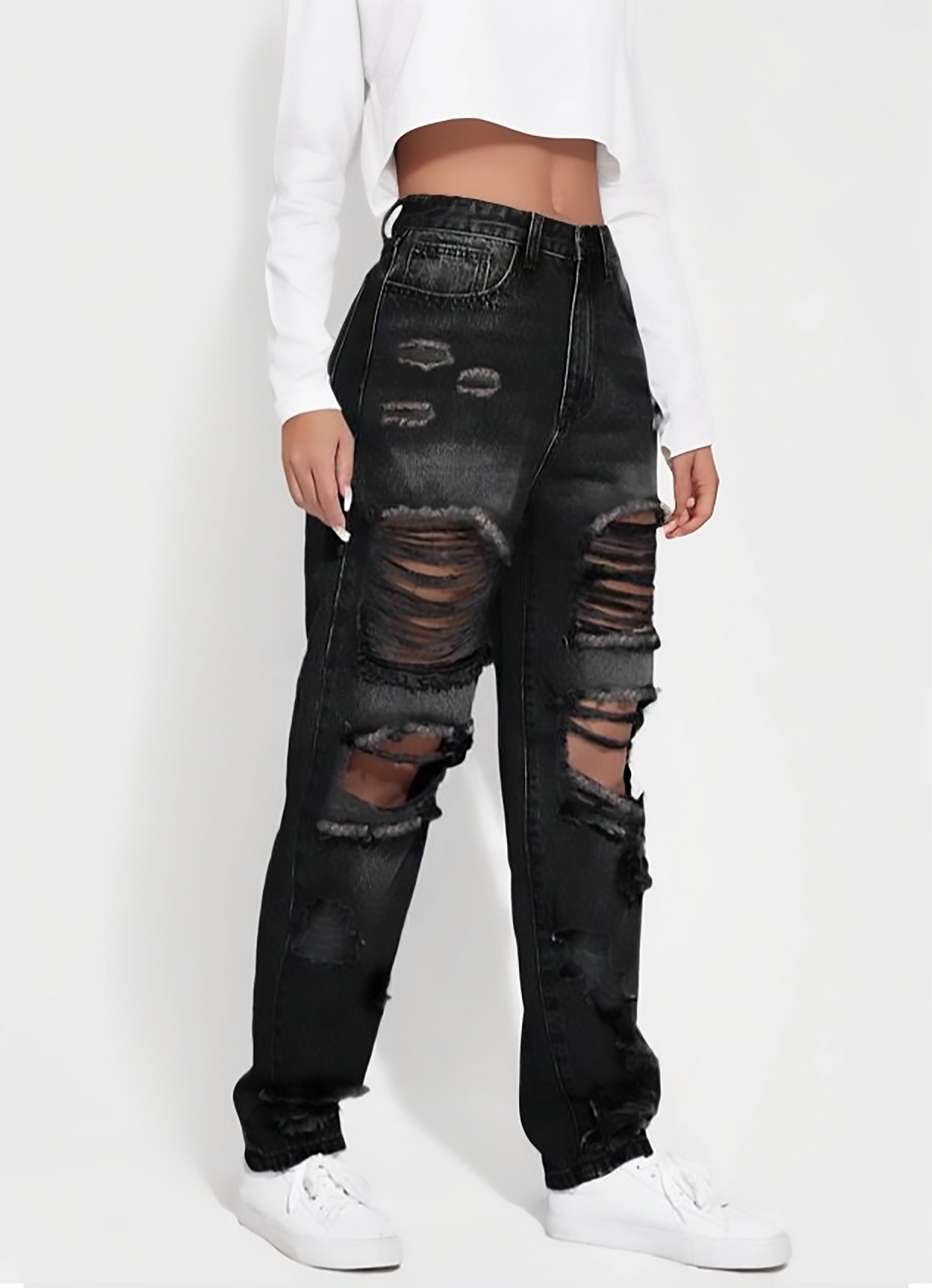 Black High-Waisted Ripped Distressed Boyfriend Jeans for Women