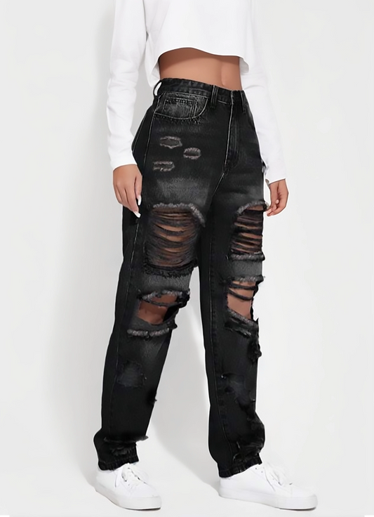 Black High-Waisted Ripped Distressed Boyfriend Jeans for Women