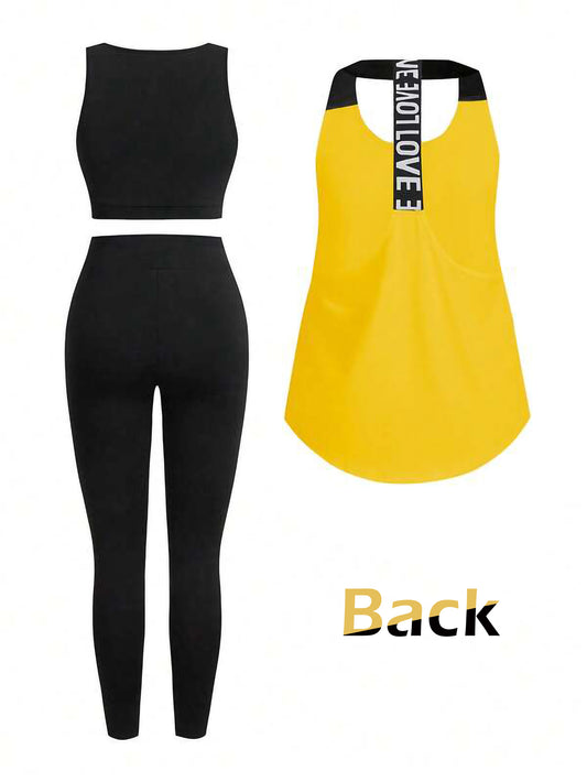 Yellow Women’s 3-Piece Activewear Set – Racerback Tank, Crop Top & High-Waist Leggings