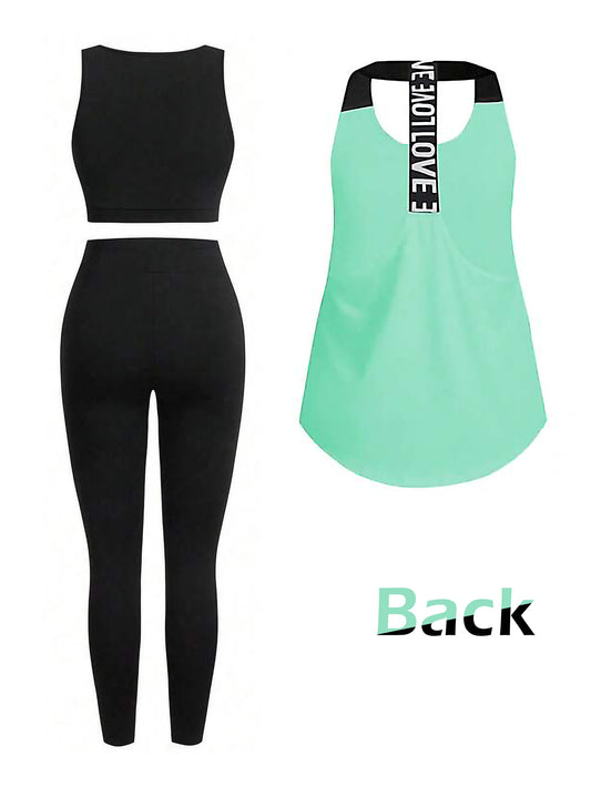 Sage Mist Women’s 3-Piece Activewear Set – Racerback Tank, Crop Top & High-Waist Leggings