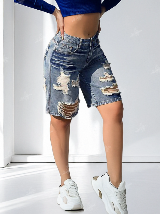 Blue Women’s Distressed Bermuda Petite Denim Shorts – Low Waist, Casual Streetwear